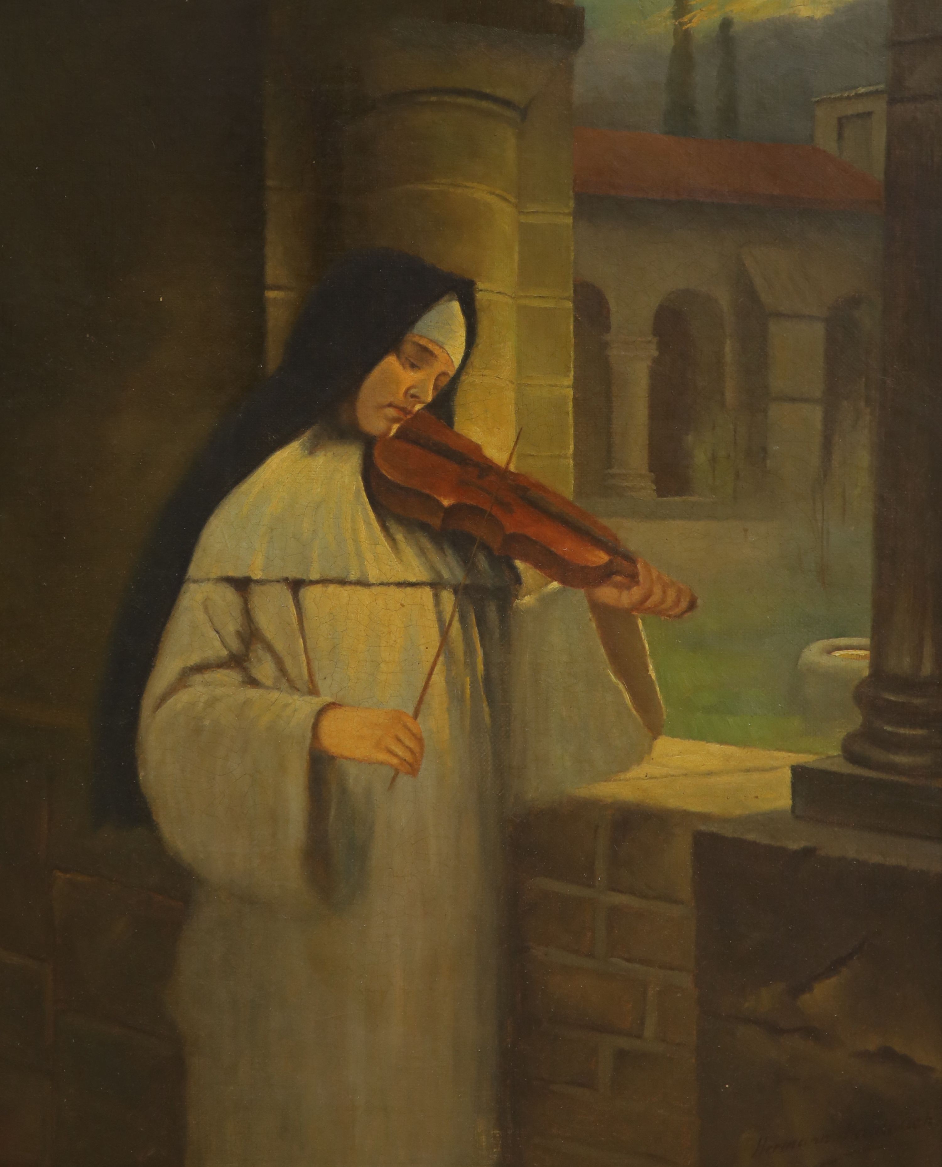 Hermann Kaulbach (1846-1909), oil on canvas, Nun playing a violin, signed, 46 x 38cm